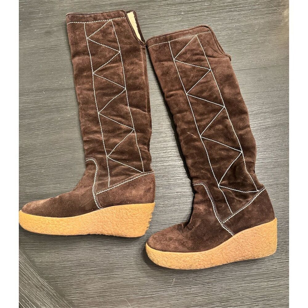 Women's Brown Suede Knee-High Wedge Boots with Geometric Stitching
